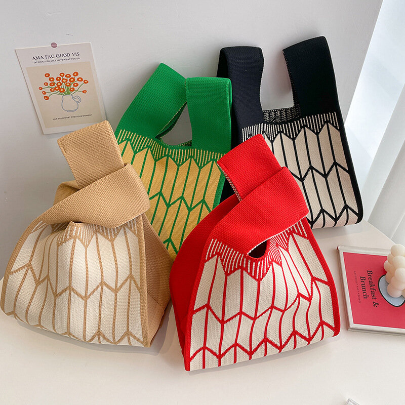 Bolsa de malha artesanal para mulheres Mini Knot Wrist Bag Listra colorida coreana Sacola de malha, Meninas, Sacos de compras reutilizáveis, Moda