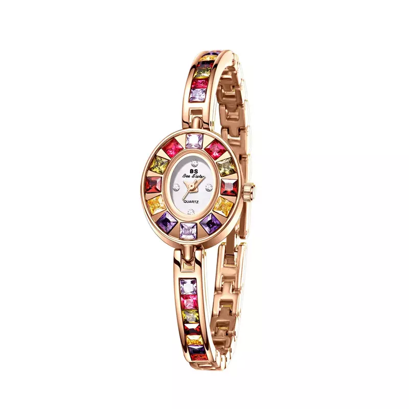 여성용 쿼츠 시계, 우아하고 가벼운 럭셔리 그라데이션 레인보우 걸스 다이아몬드 팔찌 시계