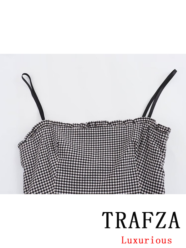 TRAFZA-Mini vestido xadrez feminino sem mangas, Vintage Casual, Chique, Sexy, Nova Moda, Verão, Feminino, 2024