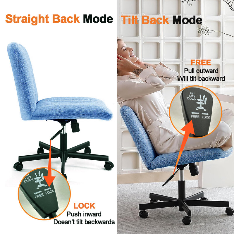 เก้าอี้สำนักงานบ้านหมุนไม่มีแขนสะดวกสบายและทันสมัยสำหรับประสบการณ์การนั่งแบบไขว้ขา