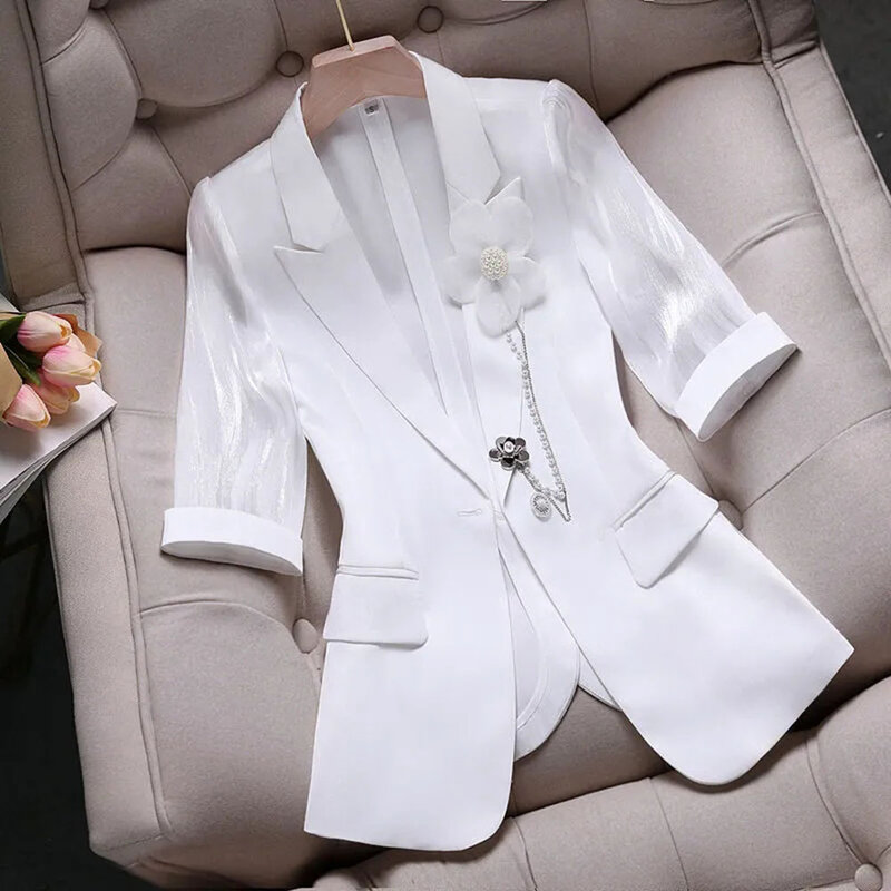 New Summer Thin Women's Blazer Korean Style Fashion Three Quarter Sleeves Jacket Ladies Profession Elegant Female Suit Coat Tops