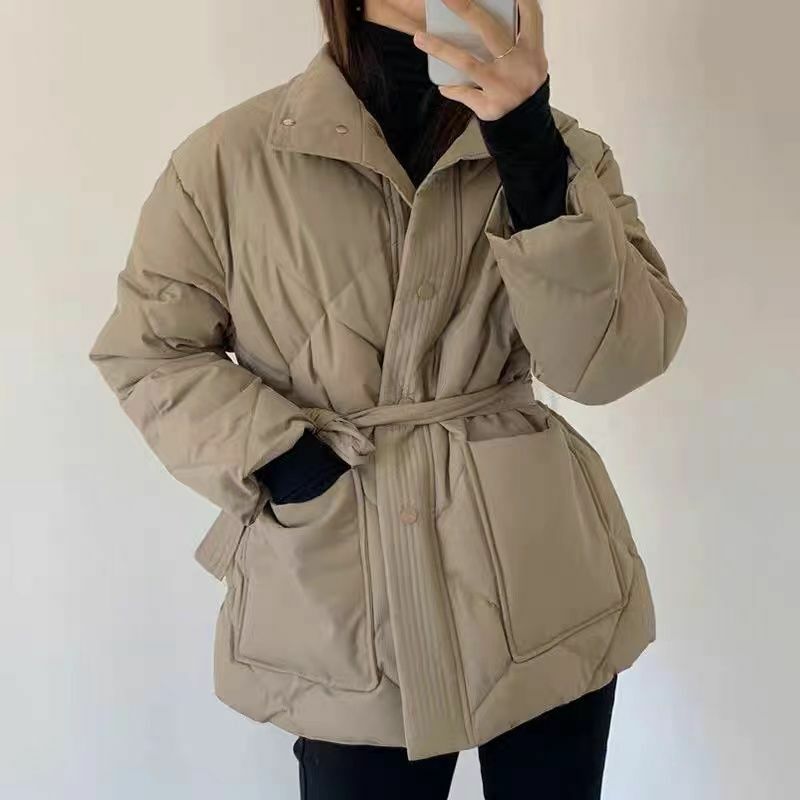 Lässige Grundlagen einreihige Parkas Retro Gürtel Jacke 2023 Winter Frauen übergroße Oberbekleidung Mode warmen dicken festen Mantel