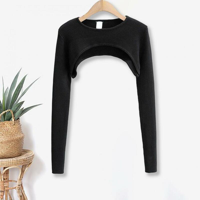 Women Crop Top Waist-exposed Short Round Neck Pullover Long Sleeve Soft Elastic Knitted T-shirt Matching Cover-up Top