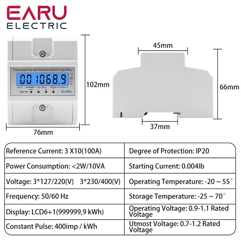 Monitor de Consumo de Energia com Luz de Fundo LCD, Trilho Din, Medidor de Energia de 4 Fases, Medidor de KWh, Wattmeter, Bivolt, 100A, 50Hz, 60Hz, 230 V AC, 380V