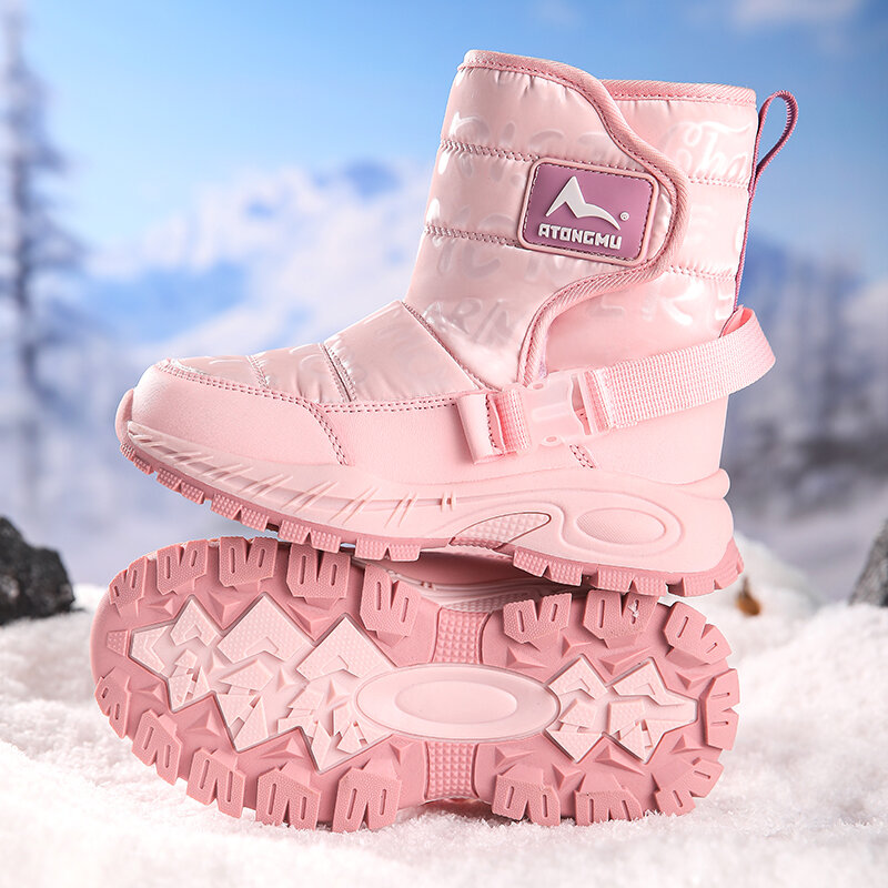 Botas de neve de forro de pele quente para meninos e meninas, Sapatos rasos antiderrapantes, Botas de pelúcia duráveis ao ar livre impermeáveis para crianças, Inverno