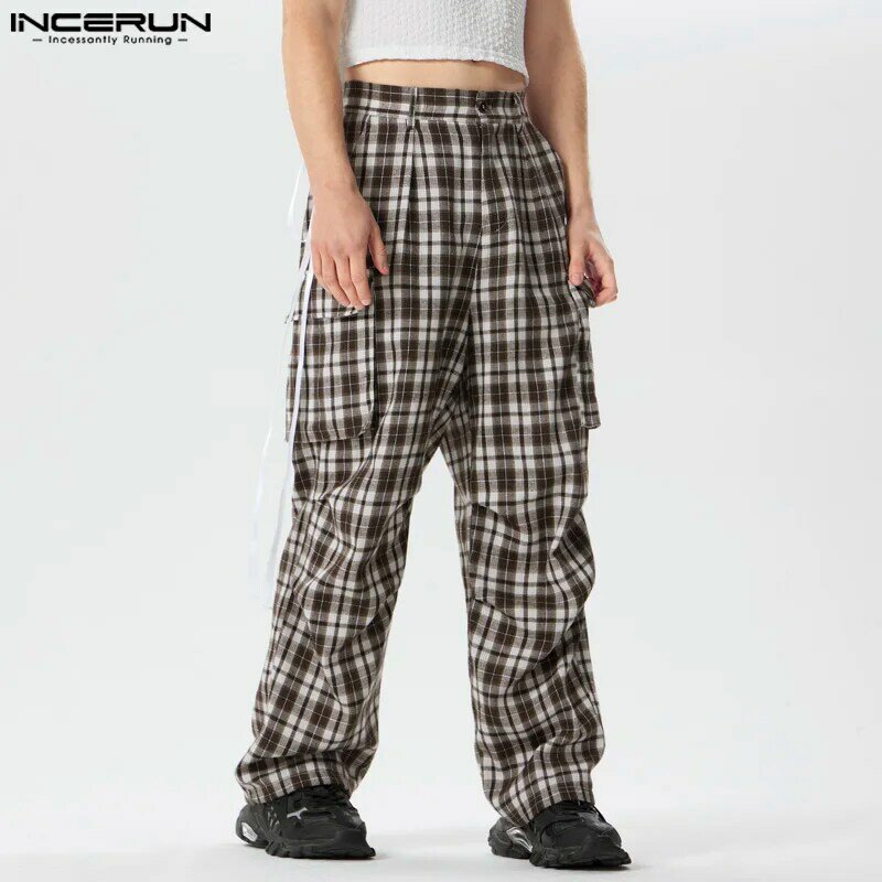 Inerun-男性用アメリカスタイルのズボン,市松模様のカーゴパンツ,ポケットデザイン,カジュアルなロングパンツ,ストリート,プロモーション,S-5XL,新しい2022