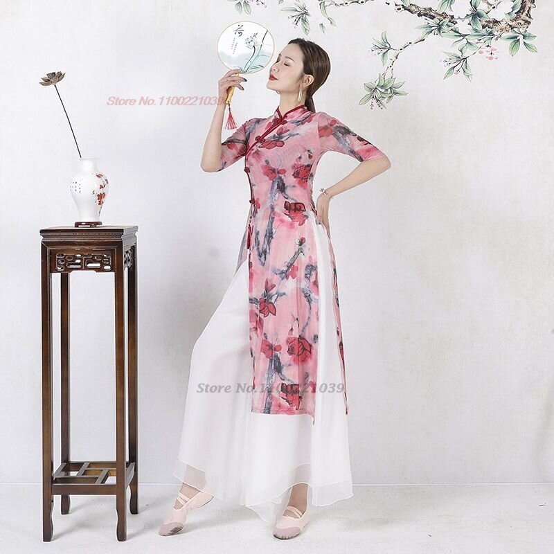2024 chinese vintage folk dance costume flower print qipao tops+pants set vintage chiffon dress stage performance dance wear