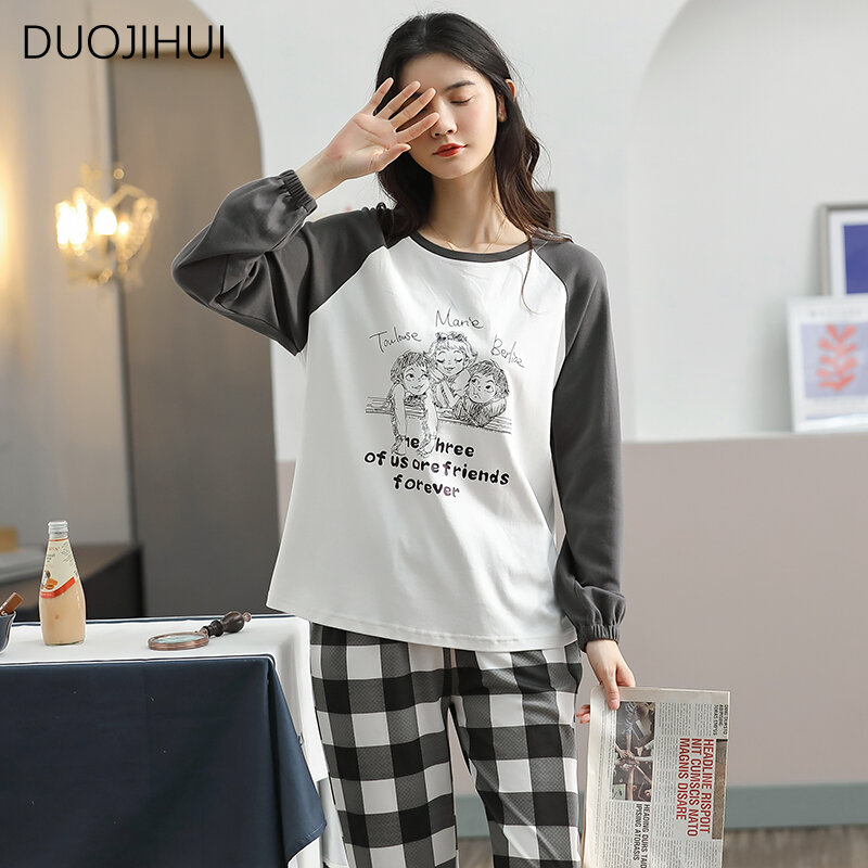 DUOJIHUI Two Piece Simple Printed Autumn Female Sleepwear Basic O-neck Pullover Classic Plaid Pant Casual Home Pajamas for Women