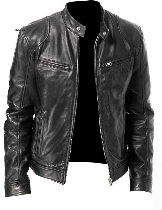 Business gentleman warm Zip Cardigan pocket decorative leather stand collar slim leather jacket