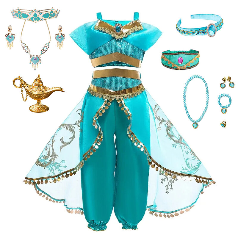 Disney Jasmine Cosplay Costume para Meninas, Aladdin, Princesa, Lâmpada Mágica, Calças, Roupas de Carnaval, Festa de Halloween