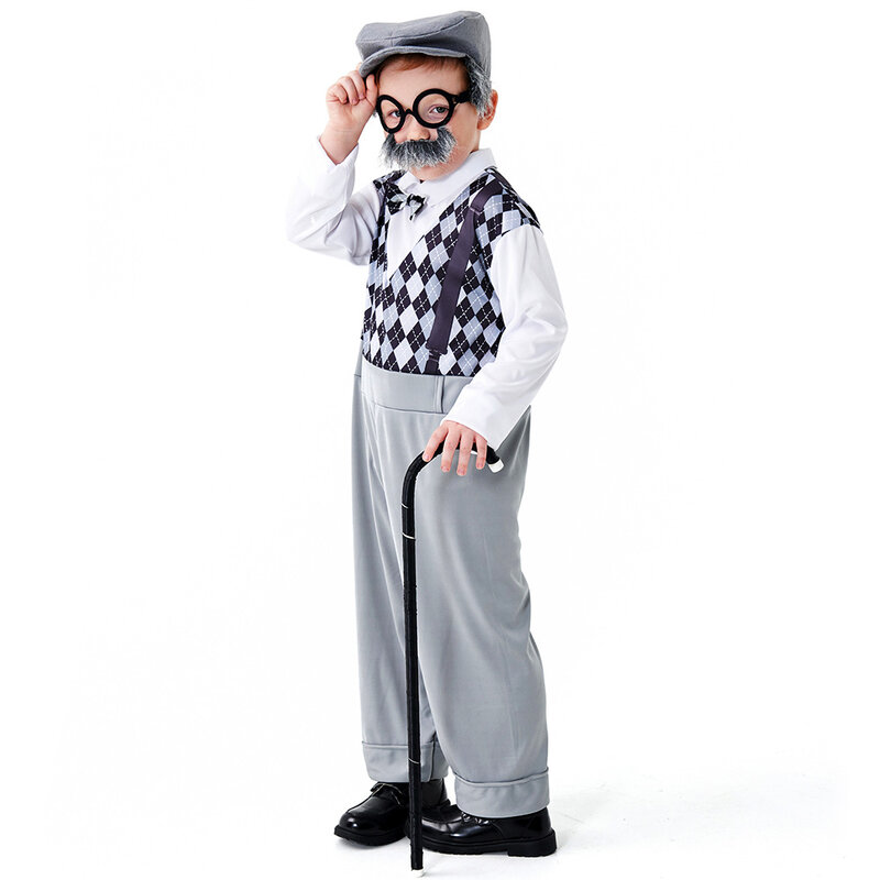 Halloween Cosplay Old Man Costume for Kids 100th Day of School Grandpa Costume Accessories Including Hat Glasses Beard