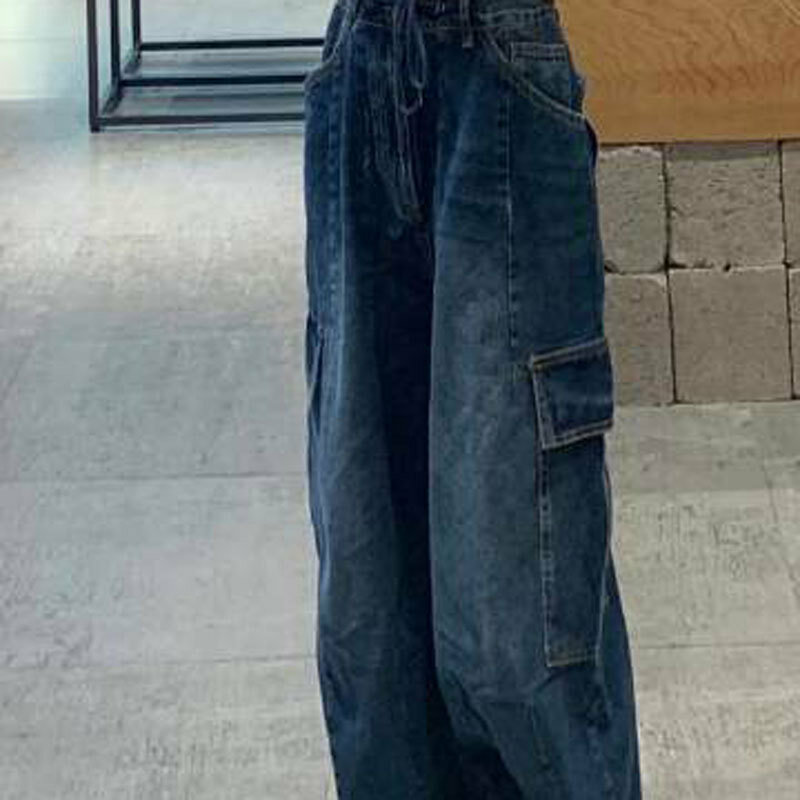 Женские винтажные джинсы-карго темно-синего цвета, уличная одежда свободного покроя y2k, джинсы с высокой талией и прямыми широкими штанинами, весна 2023