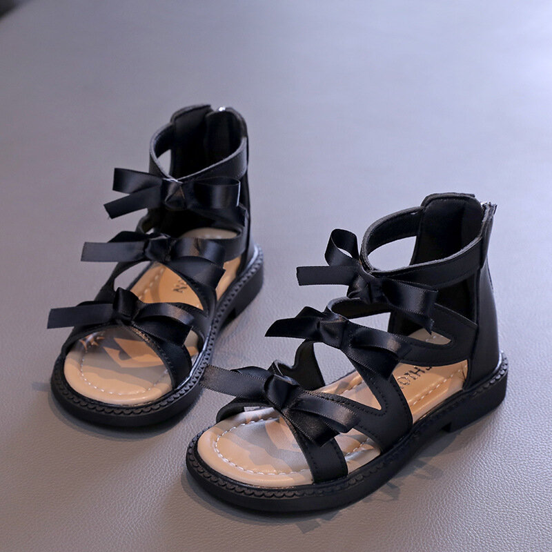 Sandálias bowtie chiques femininas, sapatos elegantes para crianças, cor sólida, crianças princesa, causal high-top sandálias romanas, zip, moda, novo