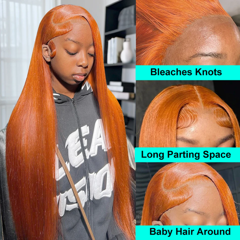Peluca de cabello humano liso de color naranja jengibre, postizo de encaje Frontal transparente, 13x6, prearrancado, 13x4, Hd