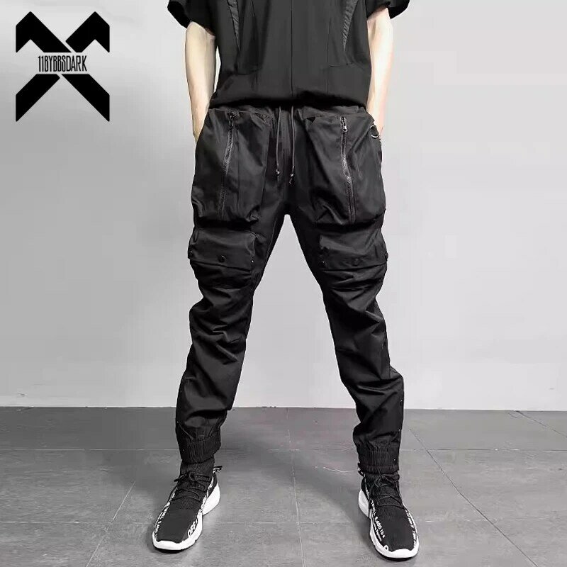Celana kargo taktis pria, celana kargo taktis pria mode Multi saku celana panjang fungsional pinggang elastis Hip Hop pakaian jalanan hitam 2024