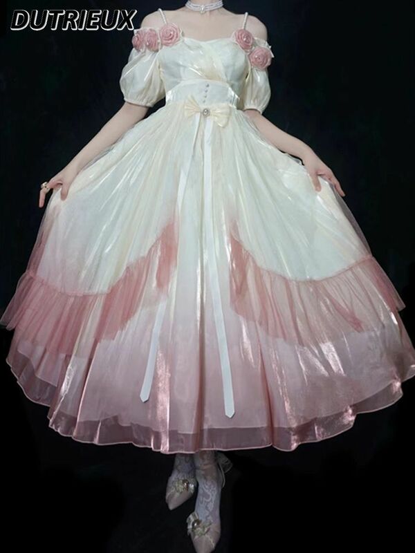 Sommer edle elegante Farbverlauf rosa Rose Blume Lolita langes Kleid Super Fairy Mesh Kurzarm Taille abnehmen Maxi kleider