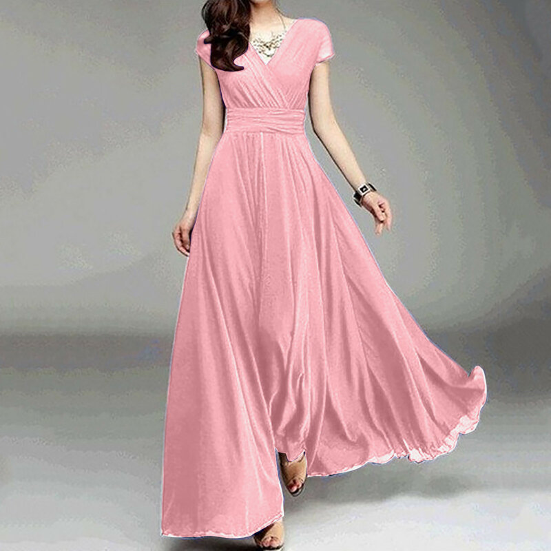 Женское платье с V-образным вырезом, однотонное длинное вечернее платье средней длины с коротким рукавом, платье для гостей свадьбы, лето 2024