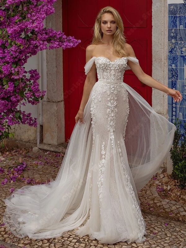 Gaun pengantin wanita Bohemian Tulle gaun pengantin seksi bahu terbuka renda applique gaun pengantin putri gaun pengantin putri duyung terbaru