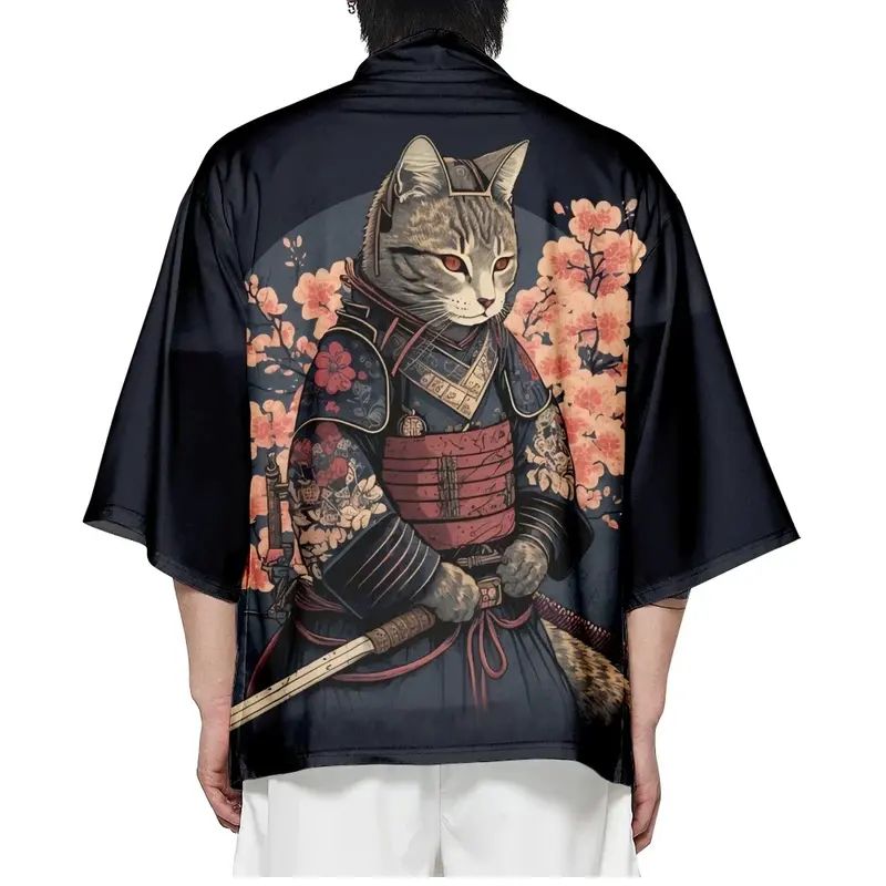 Plus Size Japanese Sakura Cat Samurai Print Kimono Streetwear Men Women Cardigan Harajuku Traditional Clothes Summer Beach Haori