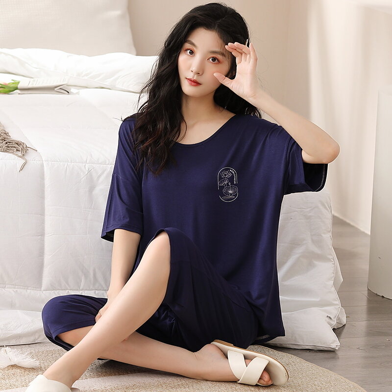 Women Modal Cotton Pajamas M-5XL Pajamas Sets Sleepwear Short Sleeve Tops+Calf-Length Pants Pajamas Home Clothing Pyjamas Female