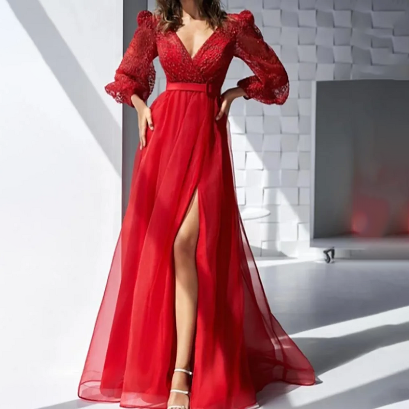 2024 New Chiffon Red In Long Sleeve Plunged Front Split Belt Dress with Beaded Mother of the Bride Dress