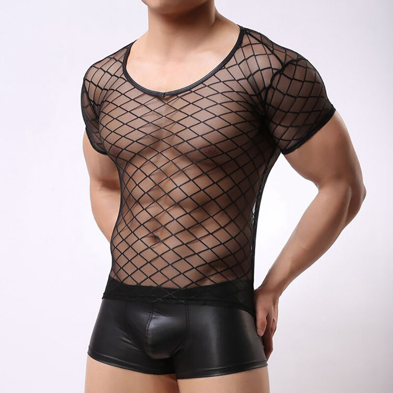 Mens See-Through Short Sleeve T-Shirt Summer Tops Mesh Breathable Tops Sexy Skin Tight Fitted Leisure Shirts Gay Tee Costumes