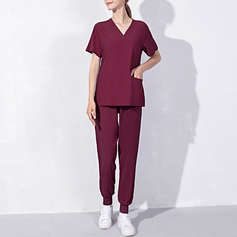 Women Nursing Solid Color Work Uniforms Scrubs Sets V Neck Pocket Short Sleeve Slim Fit Casual Clothing Set Spa Salon Nurse Suit
