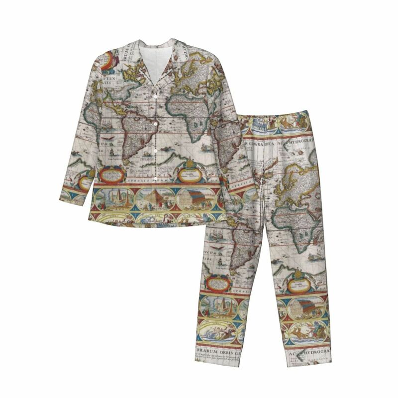 Earth Map Pajama Set Spring Antique World Map Cute Bedroom Sleepwear Couple 2 Piece Retro Oversized Graphic Nightwear Gift