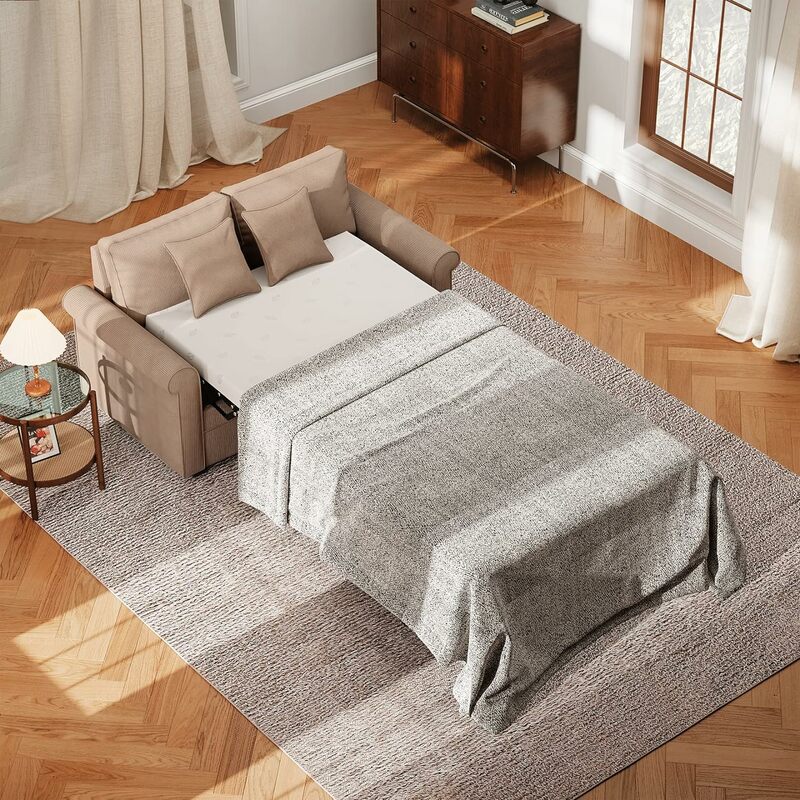 55.5'' Convertible Sleeper Sofa Bed, 2 Seater Loveseat Sofa with Memory Foam Mattress, Apartment, Brown