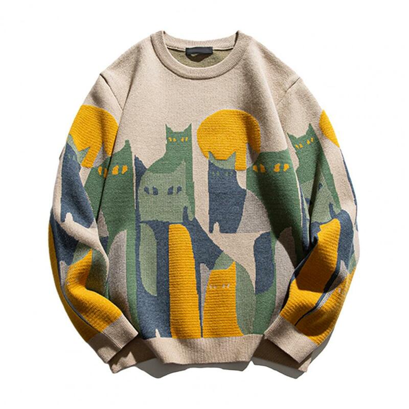 Men Sweater Cat Print Thick Knitted Warm Pullover with Round Neck Unisex Mid Length Fall Winter