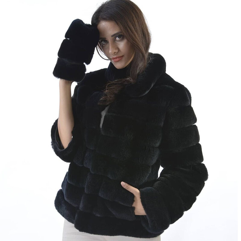 Mantel bulu kelinci Rex alami dengan kerah berdiri penjualan terbaik mantel bulu kelinci asli musim dingin wanita jaket bulu hitam