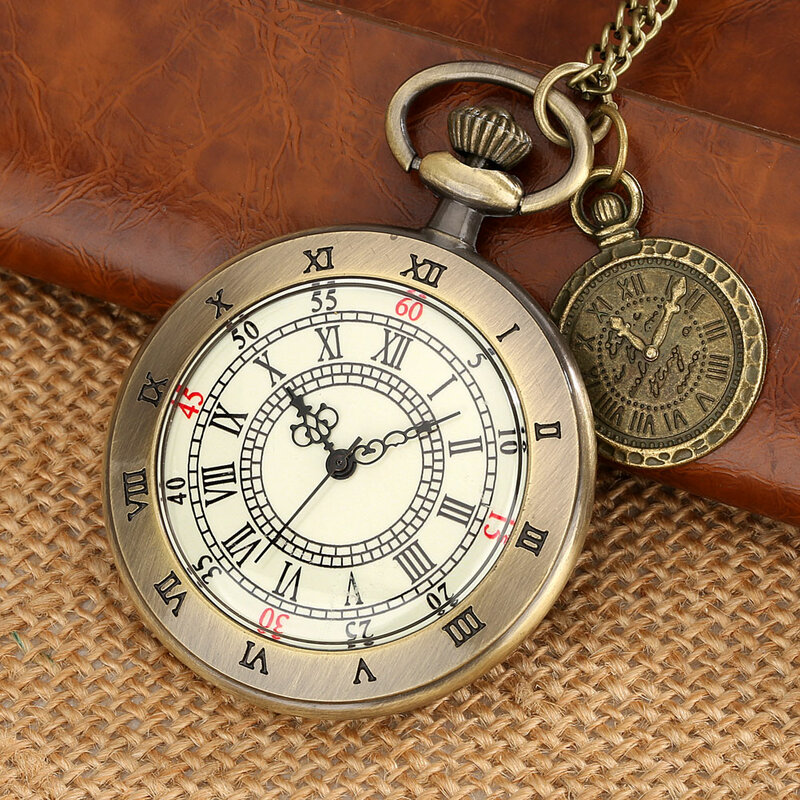 Кварцевые карманные часы с открытым циферблатом, с римскими цифрами, подвеска с аналоговым дисплеем, бронзовые часы в ретро стиле, на цепочке, с аксессуаром для часов