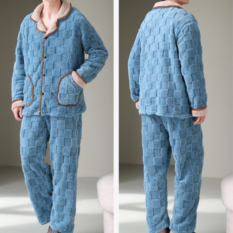 Pijamas gruesos de lana de Coral para hombres, conjuntos de ropa de dormir, pantalones cálidos de manga larga, cárdigan Jacquard, ropa de dormir para el hogar, Invierno