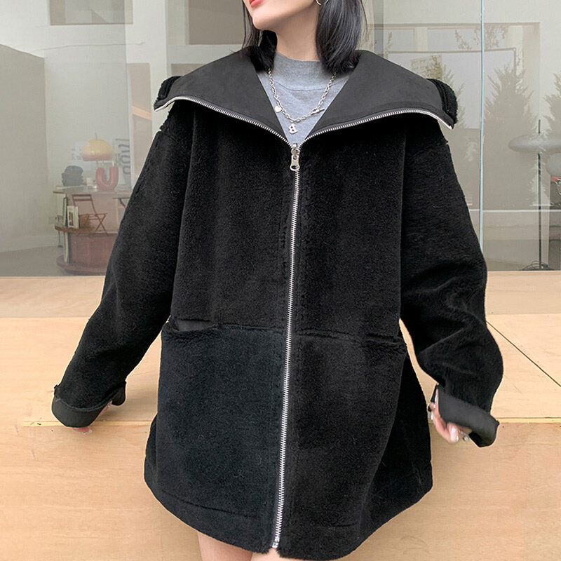 Chaqueta de piel de lana merina para mujer, abrigo cálido con forro de piel, cuello alto, moda de invierno, BM5201, novedad de 2023