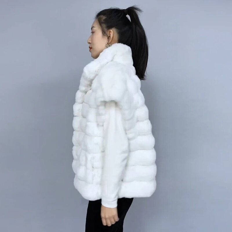 Real Rex Rabbit Fur Coletes para mulheres, colete branco, roupas de grife de luxo, casaco natural