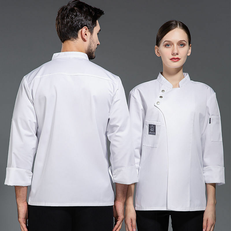 Uniforme de chef à manches longues avec logo, veste noire, t-shirt de chef, uniforme de restaurant, service alimentaire Chamonix, vêtements de cuisine respirants, nouveau