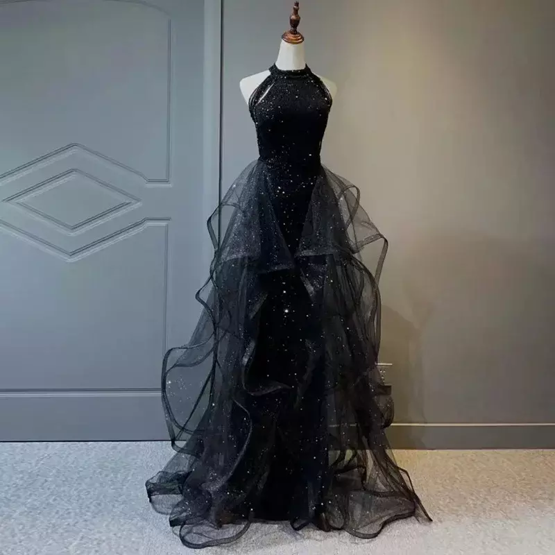 Женское вечернее платье макси, облегающее однотонное черное платье с блестками без рукавов и оборками, кружевная юбка в стиле ретро, модное женское платье для выпускного вечера