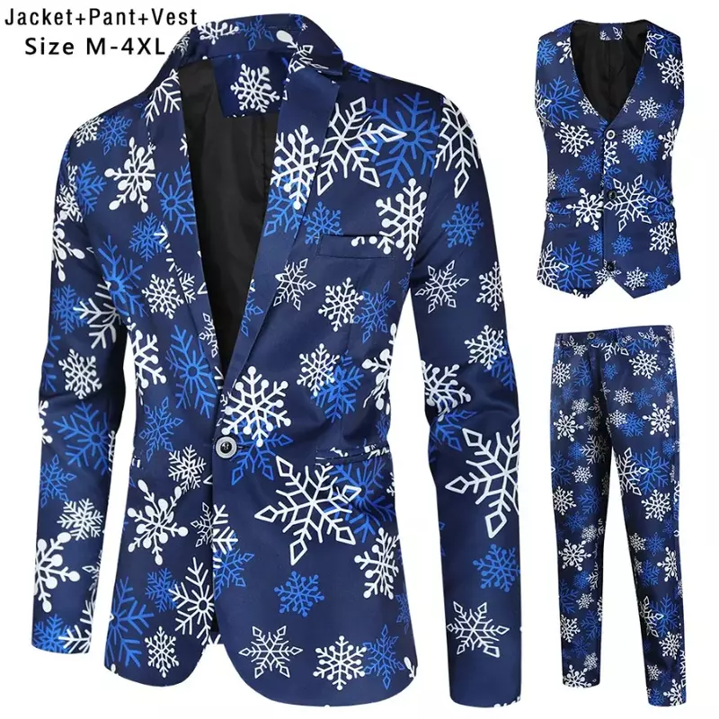 Trajes de Navidad ajustados para hombre, traje de tres piezas con estampado 3D, chaqueta, pantalones, chaleco, trajes de escenario para fiesta de graduación