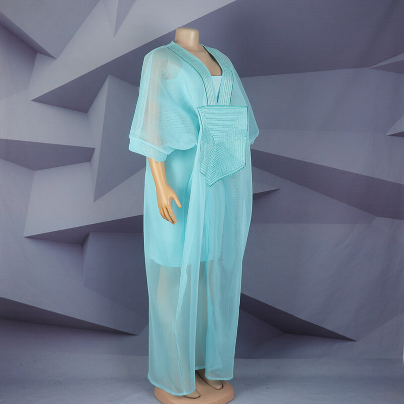Vestido bordado com decote em v profundo feminino, malha azul, africano e americano, design moderno, saia plus size com saia interna