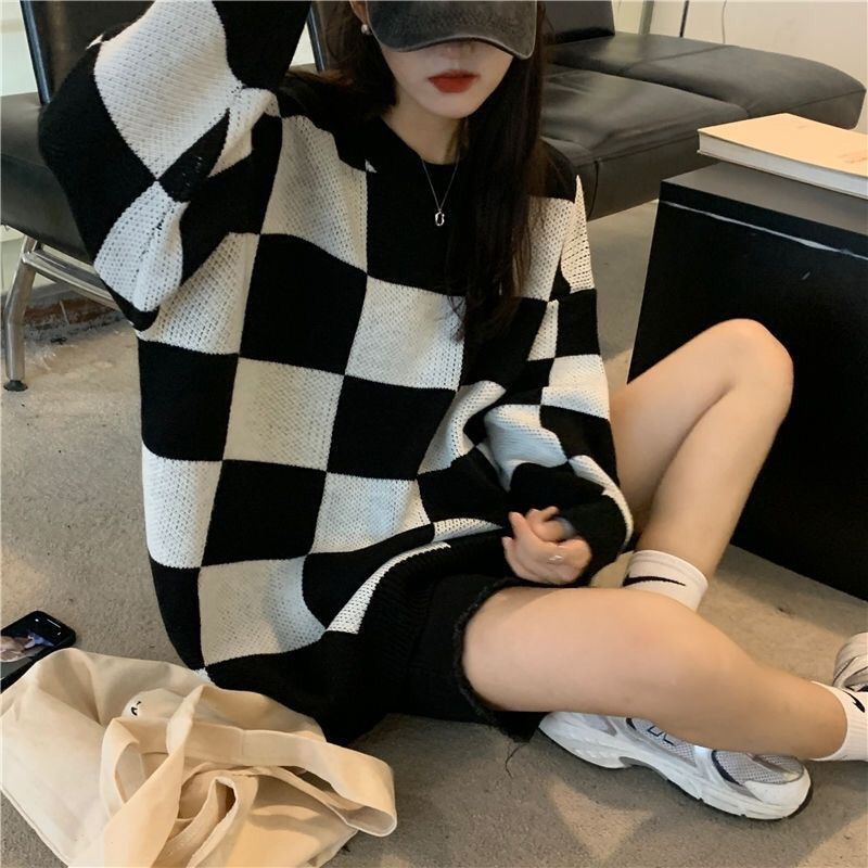 Knitwear sweater women's autumn and winter checkerboard lazy style European and American fashion trendy brand loose casual tops