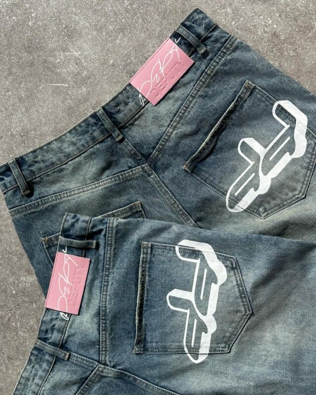 Европейские и американские модные джинсы в стиле High Street с высокой талией, мужские прямые широкие брюки большого размера Y2k в стиле Харадзюку в стиле ретро