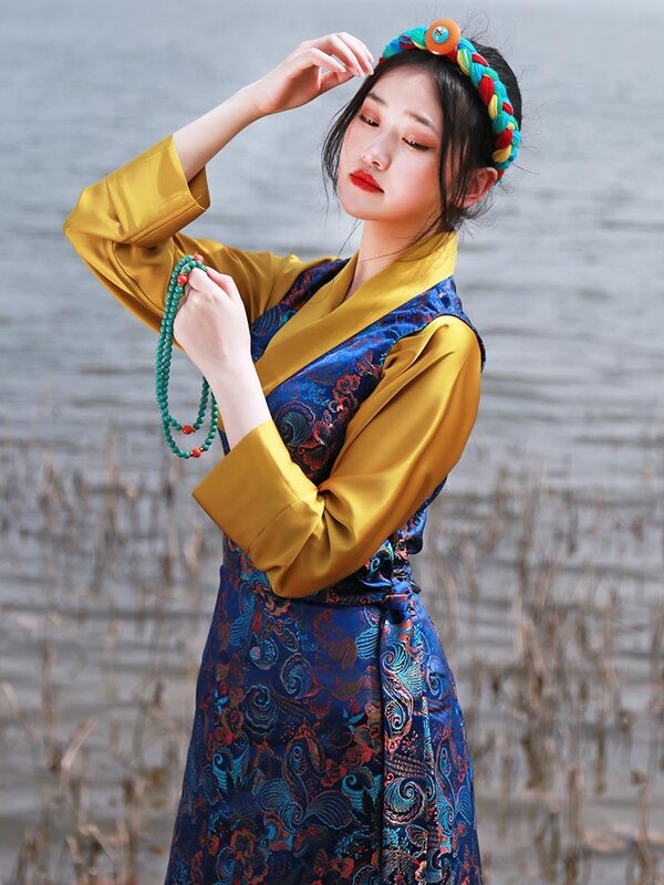 تنورة بلا أكمام للسيدات ، فستان على الطراز الأزرق ، رداء صيني ، ملابس الربيع والصيف