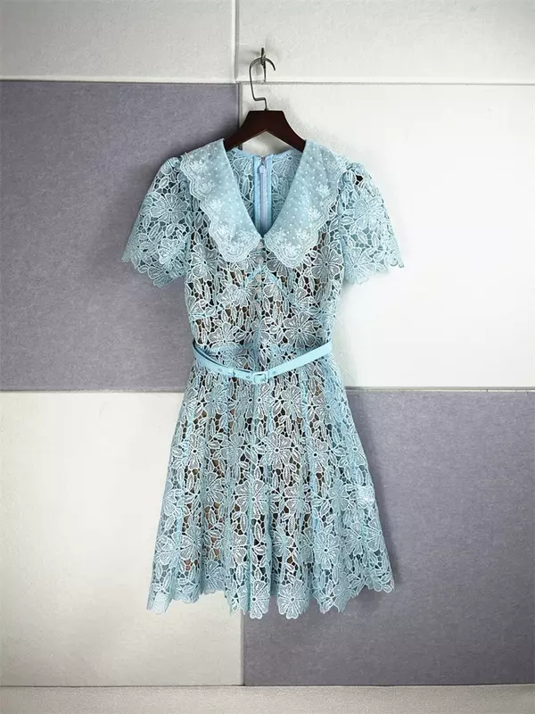 Женское платье с цветочной вышивкой, Элегантное летнее платье мини на молнии с круглым воротником и коротким рукавом, 2024