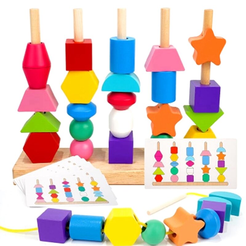 Set da gioco di perline e blocchi di legno: giocattoli educativi Premium per bambini di 1-4 anni durevoli e facili da usare