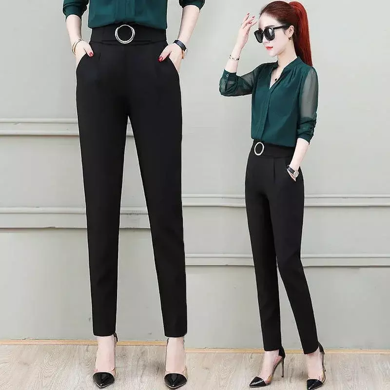 Setelan celana Harlan wanita, bawahan elastis hitam pinggang tinggi sembilan poin untuk perempuan musim semi dan panas