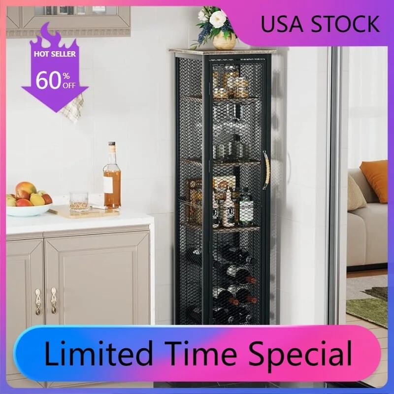 VECELO 3-Tier Wine Racks Cabinet with Door, 62.5" Height Industrial Home Bar Storage Freestanding Floor for 15 Liquor Bottles a