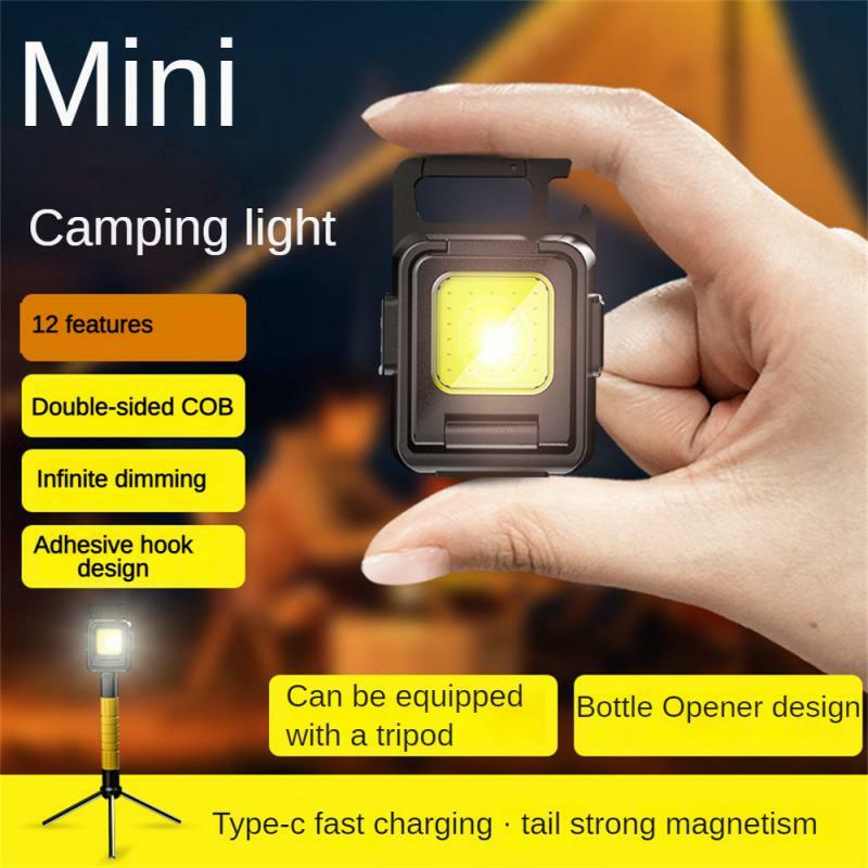 Mały lampa kempingowa brelok z latarką Led lampka USB z możliwością ładowania LED COB 90 ° obrotowa lampa kempingowa silne światło zewnętrzna