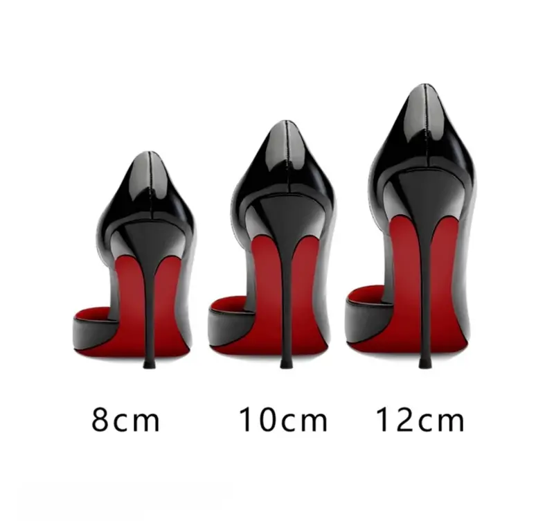 Saltos altos vazios laterais de pele laca para senhoras, sapatos sexy aguçados, boca super rasa, sola vermelha, preto, tamanho grande, 12cm