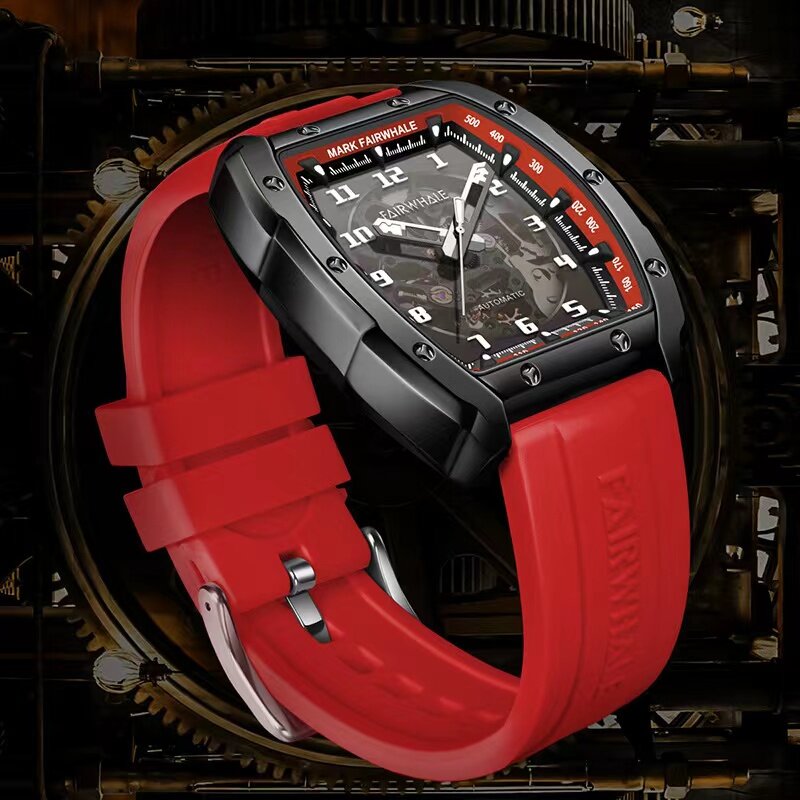 Relógio automático oco para homens, relógios mecânicos Tonneau, pulseira de silicone vermelho, impermeável, jovem, Dropship, moda