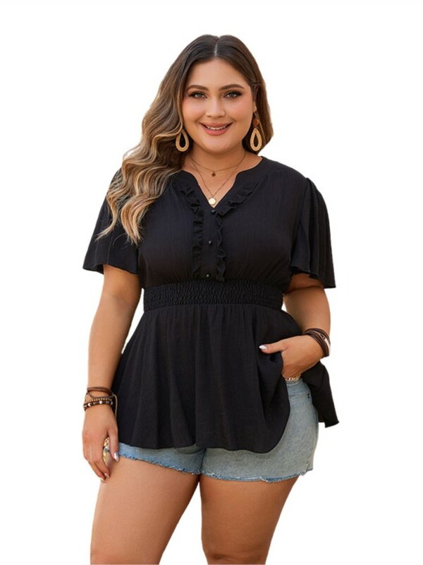 Plus Size Summer V-Neck Pullover Tops Women Slim Waist Fashion Ruffle Pleated Ladies Cropped Blouses Short Sleeve Woman Tops